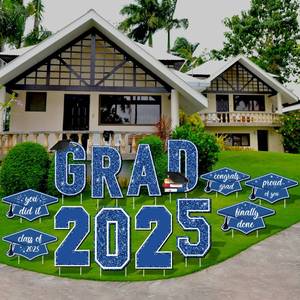 lot 5433 image: Aneco Waterproof 2025 Grad Yard Signs Plastic Graduation Yard Signs Party Outdoor Lawn Decorations 16 Inches Glitter Congrats Grad Yard Signs with Stakes for Outdoor, Lawn Party Decor (Blue)