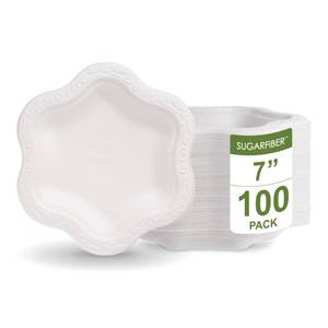 lot 5443 image: AURA eco-packaging SUGARFIBER 7-inch Compostable Disposable Paper Plates, White Floral Acanthus Collection 100 COUNT