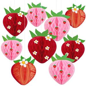 lot 10135 image: 9PCS Strawberry Honeycomb Balls Strawberry Birthday Party Decorations Fruit Theme Table Centerpieces Tissue Paper Honeycomb Hanging Decors Strawberry Party Supplies for Baby Shower