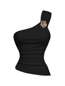 lot 10140 image: Milumia Womenfts One Shoulder Ruched Tank Top Metal Flower Asymmetrical Hem Going Out Crop Tops Black Medium