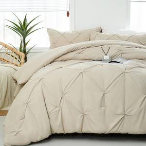 lot 11725 image: DOWNCOOL King Size Comforter Set - Beige Comforter King Size, 3-Piece Pintuck Bedding Comforter Sets, 1 Pinch Pleated Comforter and 2 Pillowcases, Soft Bedding Comforters and Sets for All Season