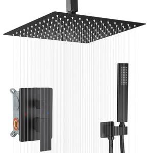 lot 11727 image: JingGang 12 Inch Ceiling Mount Matte Black Shower System Bathroom Luxury Rain Mixer Shower Combo Set Ceiling Rainfall Shower Head System (Contain Shower Faucet Rough-in Valve Body and Trim)