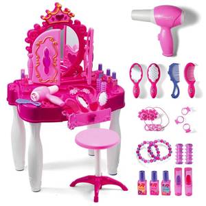 lot 11741 image: Play22 Pretend Play Girls Vanity Set with Mirror and Stool 21 PCS - Kids Makeup Vanity Table Set with Lights and Sounds - Includes Fashion Hair and Makeup Accessories