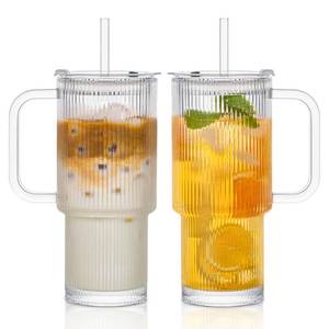 lot 11754 image: INSETLAN 26oz Ribbed Glass Tumbler with Handle and Lid  2-Pack Large Iced Coffee Cups with Straws, Modern Glass Mug for Cold and Hot Beverages, Aesthetic Travel Cup for Smoothies, Tea, and Juice