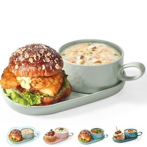 lot 11756 image: Artena Solid Soup and Sandwich Plate Combo, 16 oz Soup BowlsMugsCups with Handles in 9.85-inch Ceramic Plates, Glazed Soup and SideCracker Bowls Sets for Breakfast, Bread Dipping Bowls, Mint Green