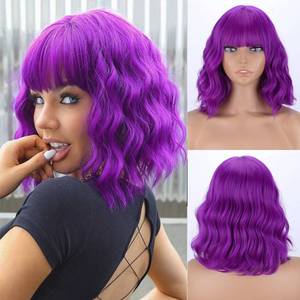 lot 12072 image: MISSQUEEN Short Dark Purple Wigs with Bangs for Women Loose Wavy Purple Wig Curly Shoulder Length Synthetic Cosplay Bob Purple Wavy Wig for Girl Colorful Costume Wigs