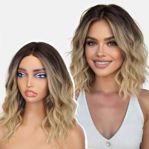 lot 12080 image: AISI HAIR 14 Inch Ombre Blonde Wigs for Women - Shoulder Length Wave Wig with Pre-Cut Lace Hairline, Middle Part Natural Wavy Bob Synthetic Heat Resistant Fiber for Daily and Party