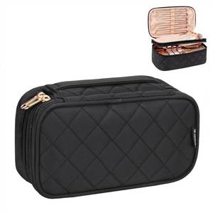 lot 12085 image: Relavel Makeup Bag, Small Makeup Bag for Women, Travel Cosmetic Bag, 2 Layers Waterproof Makeup Organizer Storage with Makeup Brush Holder, Black
