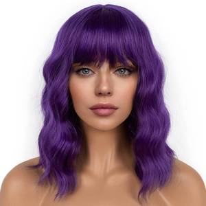 lot 12087 image: LANCAINI Dark Purple Short Bob Wigs with Bangs for Women Loose Wavy Wig Curly Wavy Shoulder Length Bob Synthetic Cosplay Wig for Girl Colorful Costume Wigs