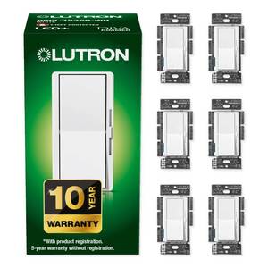 lot 12089 image: Lutron Diva LED Dimmer Light Switch for Dimmable LED, Halogen, and Incandescent Bulbs, 150 Watt, Single-Pole or 3-Way, DVCL-153P-WH-6, White, 6 Pack