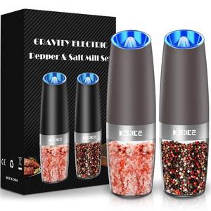 lot 12096 image: Gravity Electric Pepper and Salt Grinder Set, Adjustable Coarseness, Battery Powered with LED Light, One Hand Automatic Operation, Brown, 2 Pack