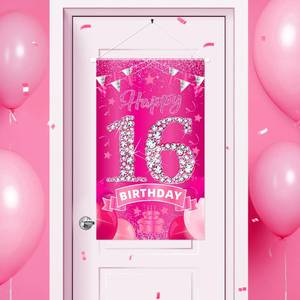 lot 12101 image: Sweet 16 Birthday Decorations for Girls Pink Happy 16th Birthday Door Sign Hot Pink 16th Birthday Door Banner Cruise Door Decor for Women Pink 16th Birthday Party Supplies 19.6 x 11.8 Inch