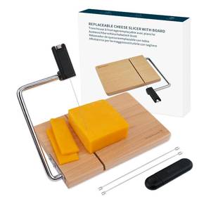 lot 12105 image: KITCHENDAO Replaceable Wire Cheese Slicer with Board, Tightness Adjustable Cheese Slicer, Beech Wood Cheese Cutter for Block Cheese, Easy to Replace, with 2 Extra Upgrade Strong Wires