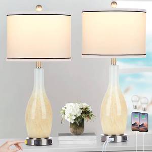 lot 15209 image: Rinweey 27 Glass Table Lamps Set of 2 with Nightlight, 3 Way Touch Control Modern Bedside Lamps with USB AC Ports and AC Outlet, Boho Yellow Nightstand Lamps for Bedroom Living Roomin