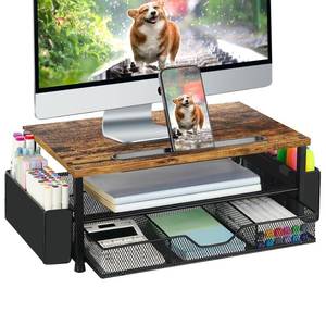 lot 15212 image: Wood Desk Organizers and Accessories, 2-Tier Computer Monitor Stand Riser with Drawer, Pen Storage and Phone Holder, Office Desk Accessories, Workspace Desktop Organization for Office SuppliesBrown