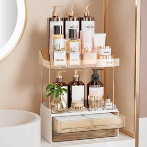 lot 15213 image: Delamu Bathroom Organizers and Storage, 2-Tier 2-Drawer Makeup Organizer Countertop, Easy to Install, Ideal for Bathroom Storage, Vanity, Large Skincare, Perfume, Present, and More, Amber