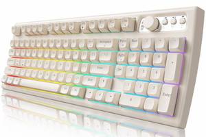 lot 15215 image: SEUNKWANG EWEADN V97 Cute Creamy Keyboard, Bluetooth2.4GHz Gaming Keyboards Wireless with RGB Backlit, Media Knob, Curved Body, Rechargeable Quiet Computer Keyboard for MAC Xbox PC Gamer-Cream White
