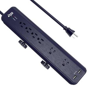 lot 16249 image: KMC 6-Outlet Surge Protector Power Strip Clamp Mount 7 Feet Cord with 2.4A 2-Port USB Charging Station