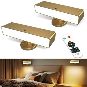 lot 16252 image: Battery Powered Wall Sconce Lights Set of Two Gold Rechargeable Wall Lights with Remote, Wireless LED Wall Mounted Lights, 360° Rotation Magnetic Cordless Scone Lighting for Bedroom Living Room