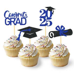 lot 16259 image: 24Pcs Graduation Cupcake Toppers, Graduation Cupcake Picks for Cupcake Food Decorations - Class of 2025 Cupcake Toppers Supplies (Blue)