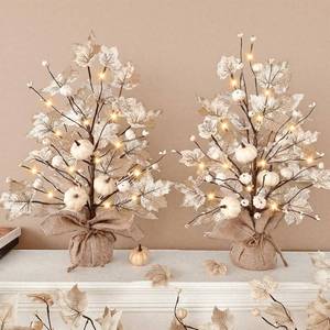 lot 17449 image: Timer - 2 Pack 18 Inch Lighted Fall Maples Tree Fall Decor 40 LEDs Battery Operated Artificial Tabletop Tree Fall Decorations for Home with White Pumpkins Berries Thanksgiving Indoor Outdoor Home