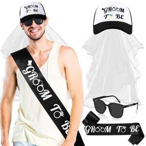 lot 17470 image: JaGely 4 Pcs Bachelor Party Accessories Include Bachelor Party Hat and Veil Groom Sash Sunglasses for Groom Wedding Favors(Black White,Groom to Be)