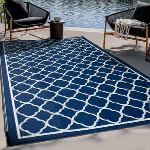 lot 17472 image: Waterproof Outdoor Rug 5x8 ft, Reversible Plastic Straw Rug, Easy to Clean Patio Rug, Portable Carpet for Patio, RV, Deck, Balcony, Backyard, Picnic, Beach, Clover, Navy Blue
