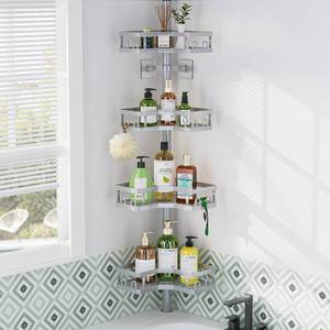 lot 17482 image: HEVEL Corner Shower Caddy Tension Pole, 4 Tier Adjustable Shower Organizer Corner 62-115 Inch, Rustproof Bathroom Shower Shelves for Bathtub Storage,Silver