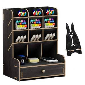 lot 17497 image: Marbrasse Wooden Desk Organizer, Multi-Functional DIY Pen Holder, Organizer for desk, Desktop Stationary, Easy Assembly, Home Office Art Supplies Storage with Drawer (B11-Black)