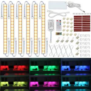 lot 17508 image: Litever Under Cabinet LED Lighting Kit. RGB Color and Bright Warm White Light. Slim Linkable LED Light Bars with Power Adapter, Controller, Extension Cords. Max 24W. Dimmable. Plug in. RGB  3000K.