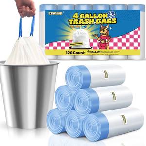 lot 18032 image: T.FORING 4 Gallon Trash Bags Drawstring 1.1 Mil - 120 Count White Small Garbage Bags Unscented for Bathroom, 15 Liter Thick Plastic Wastebasket Liners for Toilet Home Office and Bedroom