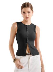 lot 18062 image: SUUKSESS Women Button Down Going Out Trendy Tops Ribbed Sexy Vest Y2K Tank Tops (Black, M)