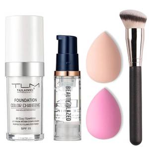 lot 18070 image: 5PCS TLM Colour Changing Foundation Makeup Set Matte Liquid Full Coverage Oil Control Breathable Invisible Cover Concealer Foundation with Face Primer, Foundation Brush, Makeup Sponge