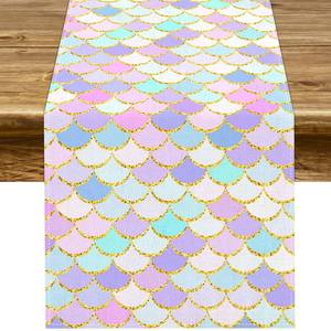 lot 18076 image: Pudodo Mermaid Table Runner Girls Mermaid Themed Birthday Party Decoration Under The Sea Kitchen Dining Room Home Decor