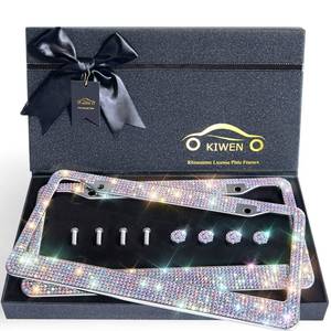 lot 18114 image: Bling License Plate Frames with High End Ribbon Gift Box,2 Pack Rhinestone License Plate Frame,Handcrafted Crystal Premium Stainless Steel Bling License Plate Frame for Women,Birthday