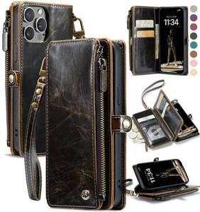 lot 18393 image: Defencase Compatible with iPhone 13 Pro Case Wallet with RFID Blocking Card Holder for Women Men, Soft PU Leather Magnetic Snap Flip Zipper Strap Wallet Phone Case Fit for iPhone 13 Pro 6.1, Coffeein
