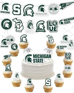 lot 18394 image: Michigan State Party Supplies for MSU Football, Birthday Gift, Graduation Party Banner and Cake Toppers (42 Pieces) (Michigan State Spartans)