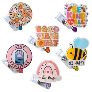lot 18411 image: 6PC Nurse and Teacher Badge Reel  Cute Funny Inspirational Nursing Name Badge Retractable ID Clip Holder  Smiley Face Be Kind Bee Stay Pawsitive Boho Rainbow Gifts for Nurses Medical Accessories