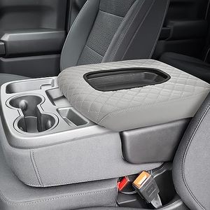 lot 18424 image: ISSYAUTO Center Console Cover Compatible with Silverado Sierra 2019 2020 2021 2022 2023 2024 Jump Seat Armrest Cover Console Cushion Pad Leather Gray