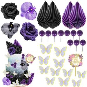 lot 18427 image: 29Pcs Flower Cake Topper Palm Leaves Butterfly Ball Boho Cake Decorations Acrylic Happy Birthday Cake Toppers Cupcake Cake Topper for Wedding Birthday Party Decoration Supplies(Black Purple)