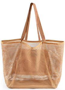 lot 18452 image: HOHOM Beach Bags for Women, Summer Travel Mesh Tote Bag with Large Inner Pocket, Sandproof Woven Shoulder Handbag Swim Pool Bag, Suit for Family Vacation Essentials
