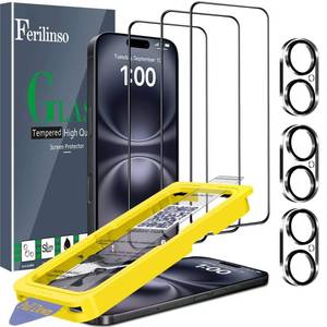 lot 18453 image: Ferilinso Auto Dust Install 3 Pack Screen Protector for iPhone 16 Plus Phone Case fit, 3 Tempered Glass Camera Lens Protector Accessories for Apple
