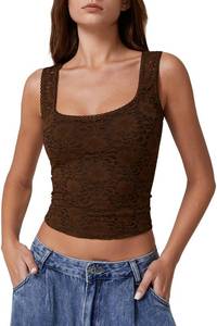 lot 18454 image: QINSEN Womenfts Form-Fitting Square Neck Lace Tank Tops Sleeveless Nigh Out Camisole Top Chestnut Medium