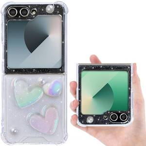 lot 18479 image: CEOKOK for Samsung Galaxy Z Flip 5 Z Flip 6 Z FLIP 7 FE Case Clear with Glitter 3D Heart Girly Women Cute Design Protective Holographic Sparkles Bling Aesthetic Shockproof Kawaii Sturdy Phone Cover
