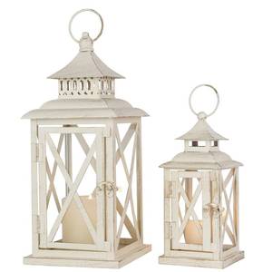 lot 19018 image: Lanterns Decorative OutdoorandIndoor, Set of 2 (14and10in) Beige Metal Lantern Decor with Glass, Candle Holder for Porch, Patio, Garden, Balcony, Wedding, Table Centerpiecein
