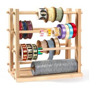 lot 19038 image: NewEle Two-row Ribbon Holder Organizer Rack - Wooden Spool Holder for Mesh Wreath Thread Tulle Roll Washi Tape, Organizer for Craft Room, Florist Supplies, Wrapping Craft