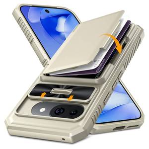 lot 20187 image: CENMASO for Google Pixel 9a Case with Card Holder (4 Cards) Sliding Camera Cover and KickstandRFID Blocking Military Drop Protection and TPU Edge Wallet Case for Pixel 9a-Natural Titanium
