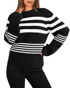 lot 6262 image: KIRUNDO Womenfts 2025 Fall Striped Sweater Long Sleeve Crew Neck Color Block Casual Loose Knit Pullover Tops Fashion Winter Clothes(Black, Small)
