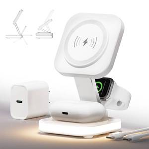 lot 6298 image: 5-in-1 Magnetic Wireless Charging Stand for Apple MagSafe Charger with Night Light for iPhone 1615141312, Watch, AirPods, Travel Magnetic Charger Nightstand Charging Station (Adapter Included)