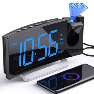 lot 6299 image: Projection Alarm Clock with FM Radio, USB Charging Port, 0-100percent Dimmer, Dual Alarms, HD LED Display, 30 Preset Stations, Sleep Timer, 5 Alarm Sounds, Snooze, Curved Screen, Digital Clock for Bedroom